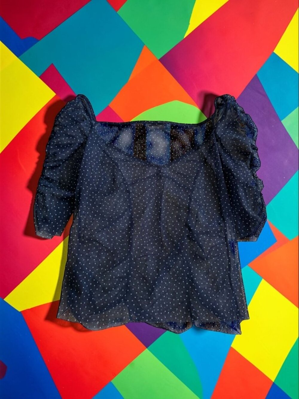 ZARA Navy Blue Sheer Polka Dot Top Size Medium